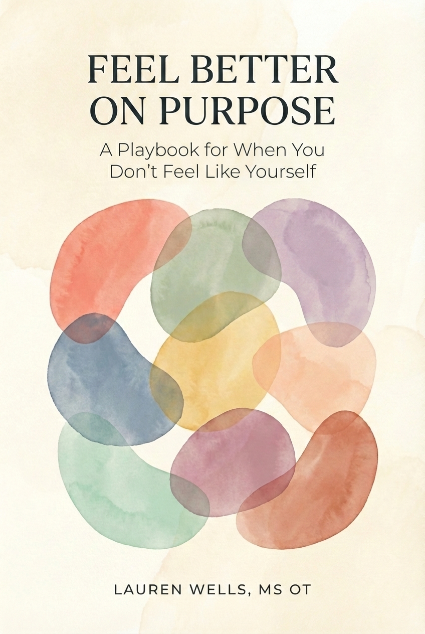 Feel Better on Purpose playbook cover, soft watercolor emotion blobs in coral, sage, turquoise, and warm cream
