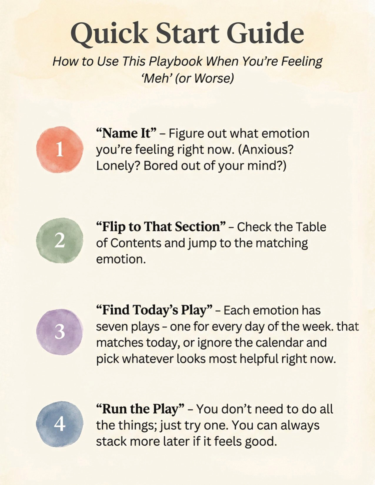 Quick Start Guide page from the playbook, showing the four-step system: Name It, Flip to That Section, Find Today's Play, Run the Play